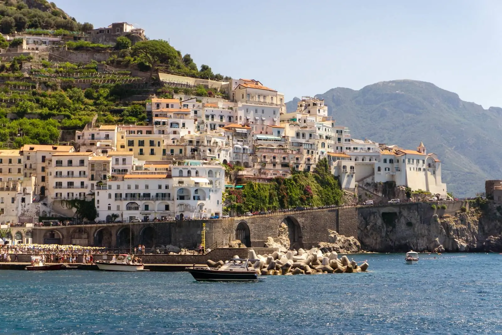 Coastal village with white buildings