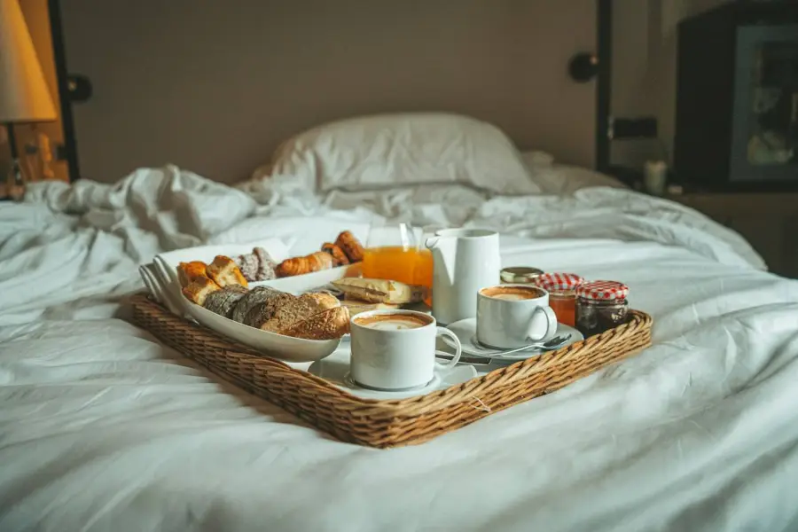 Breakfast tray on a bed