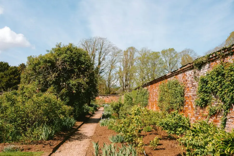 A brick wall borders a garden path