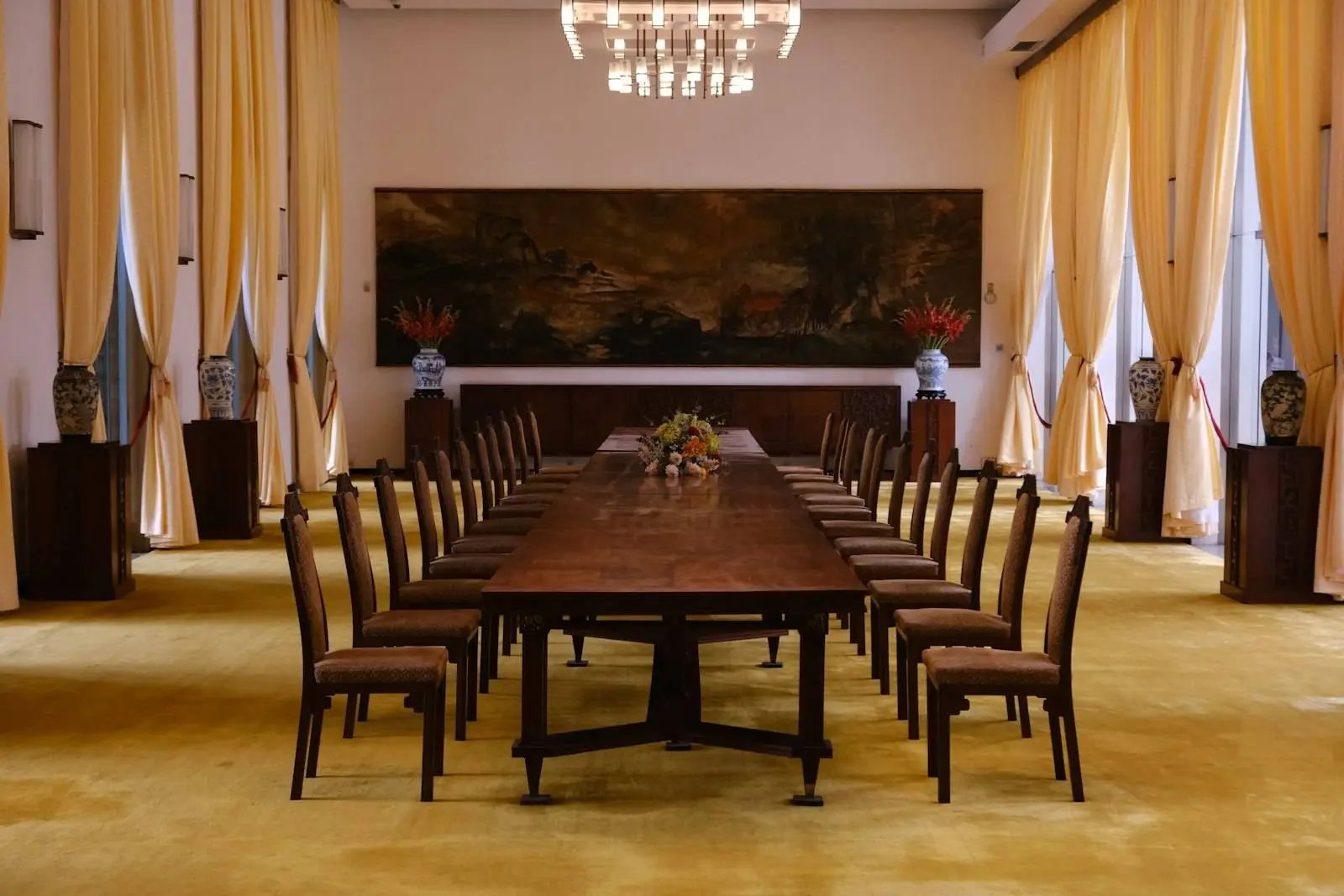 Long wooden table in a formal room